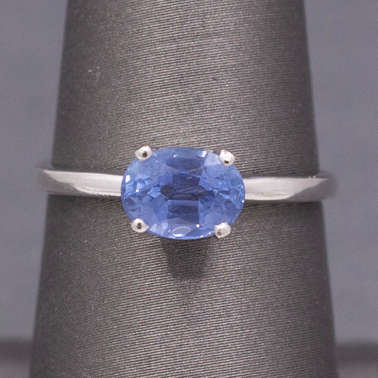 Vintage Cornflower Blue Sapphire Oval East West Solitaire Ring in 14k White Gold