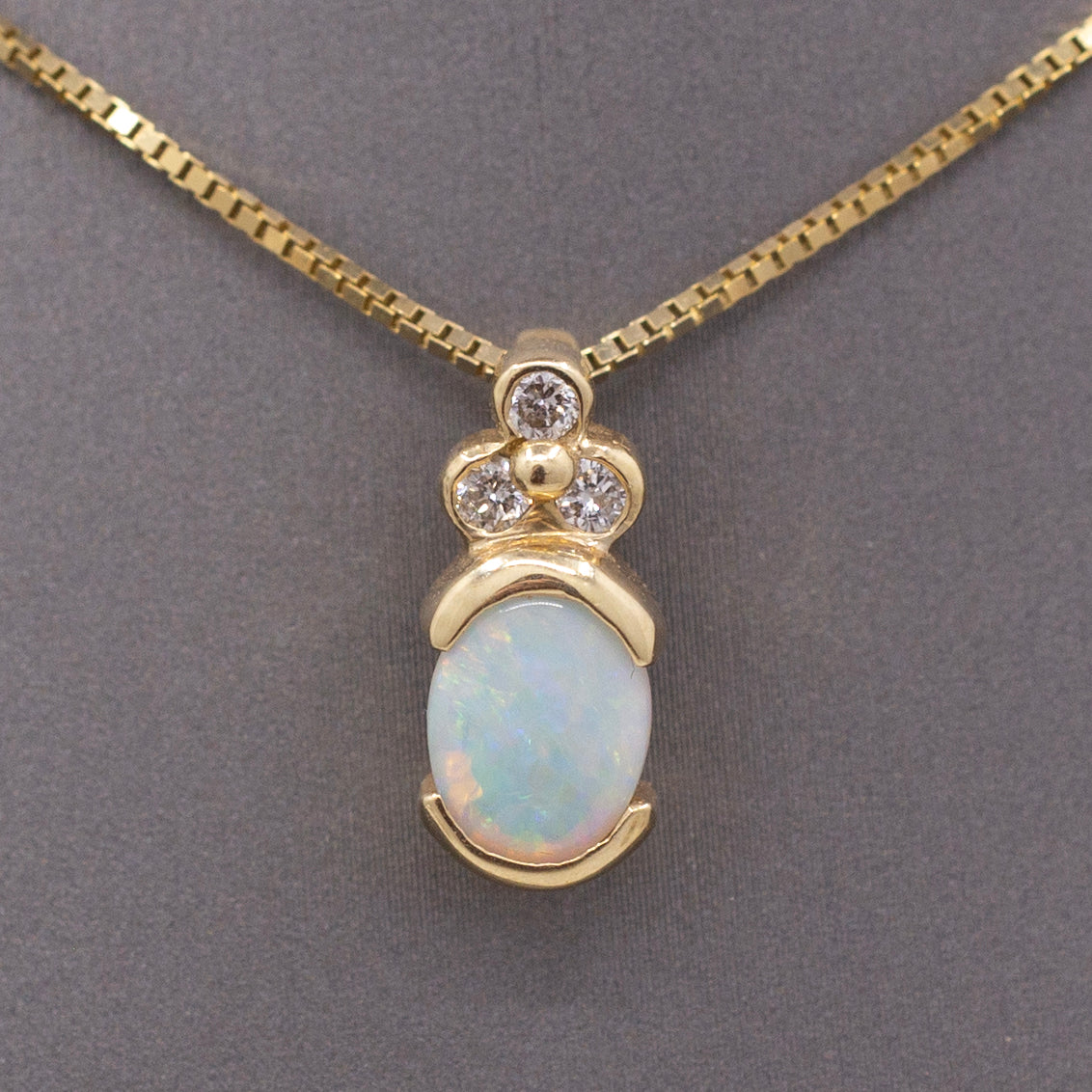 Vintage Petite Opal and Diamond Pendant Necklace in 14k Yellow Gold