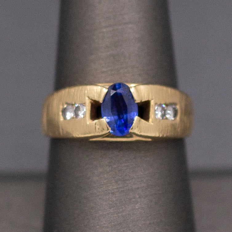 Beautiful Blue Sapphire and Diamond Textured Band Ring in 14k Yellow Gold