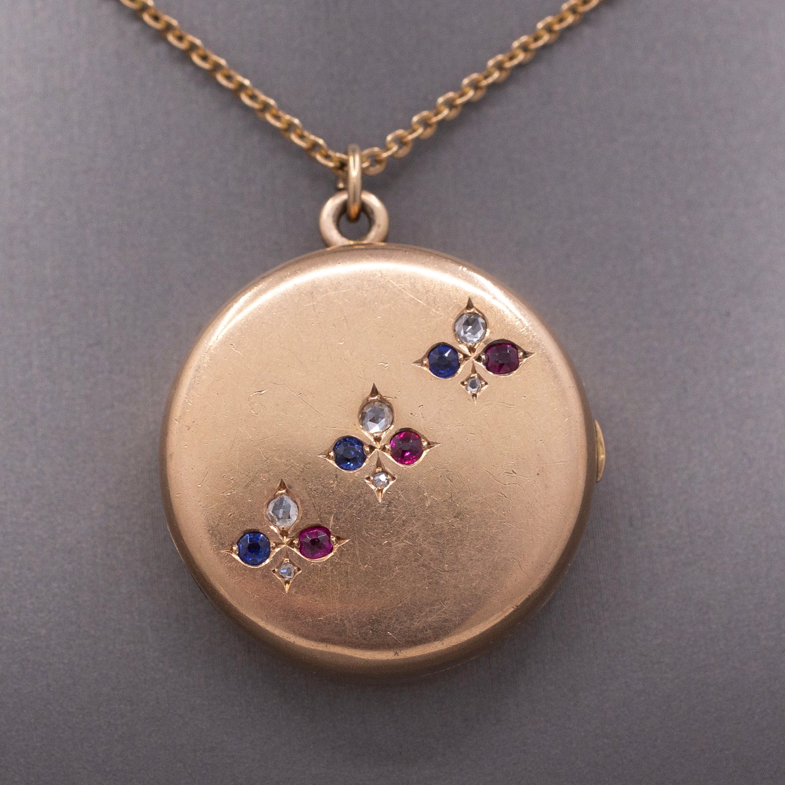 Antique Sapphire Ruby and Diamond Locket Necklace by Shreve & Co. in 14k Rosy Gold