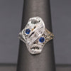 Incredible Art Deco Shield Ring with Old European Cut Diamonds and Sapphires in 18k White Gold