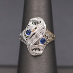 Incredible Art Deco Shield Ring with Old European Cut Diamonds and Sapphires in 18k White Gold