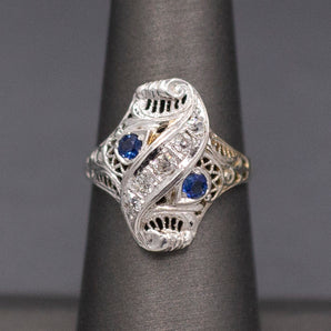 Incredible Art Deco Shield Ring with Old European Cut Diamonds and Sapphires in 18k White Gold