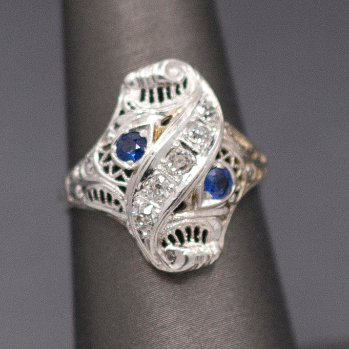 Incredible Art Deco Shield Ring with Old European Cut Diamonds and Sapphires in 18k White Gold