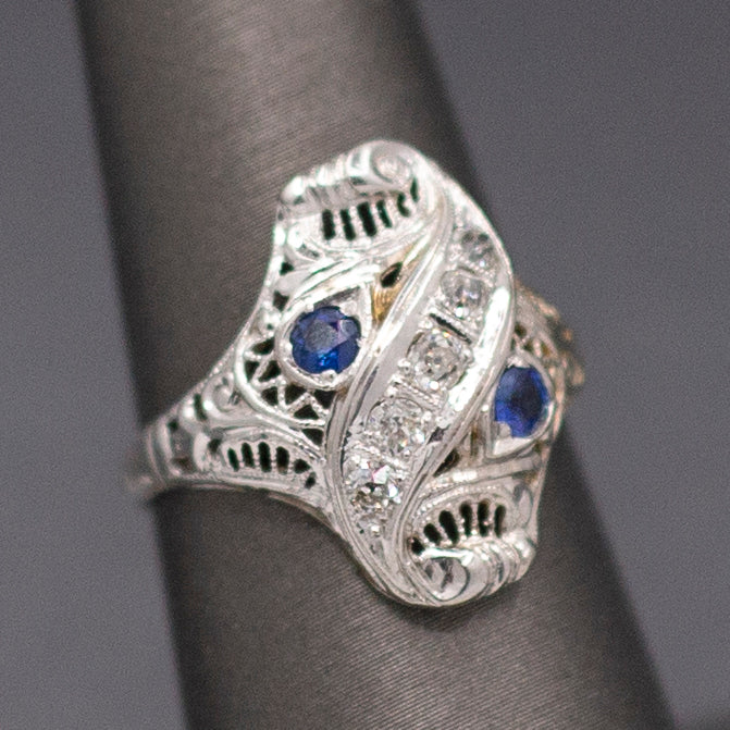 Incredible Art Deco Shield Ring with Old European Cut Diamonds and Sapphires in 18k White Gold