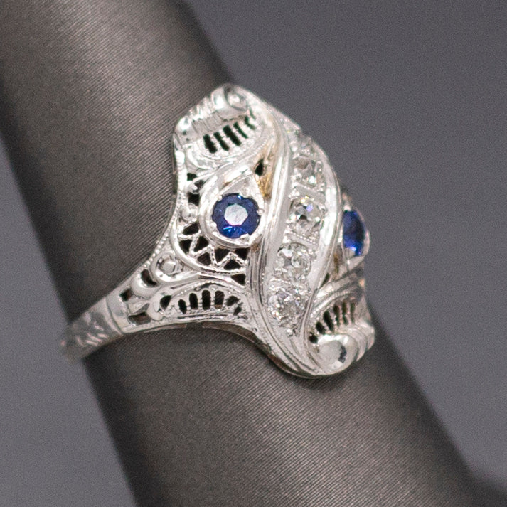 Incredible Art Deco Shield Ring with Old European Cut Diamonds and Sapphires in 18k White Gold