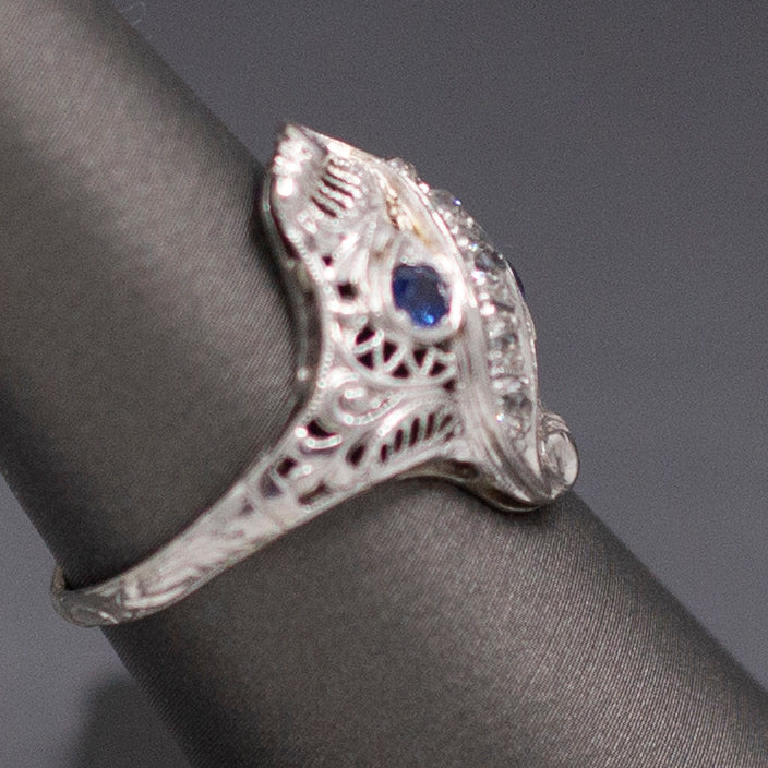 Incredible Art Deco Shield Ring with Old European Cut Diamonds and Sapphires in 18k White Gold