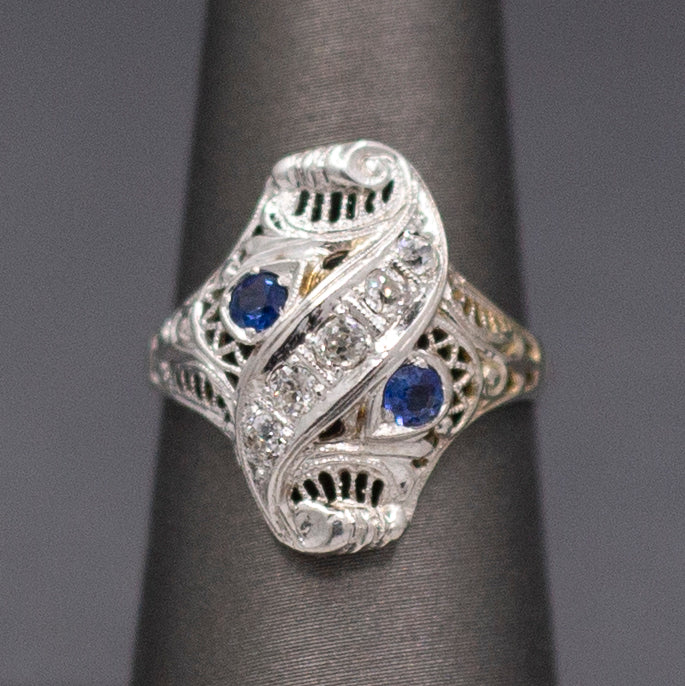 Incredible Art Deco Shield Ring with Old European Cut Diamonds and Sapphires in 18k White Gold