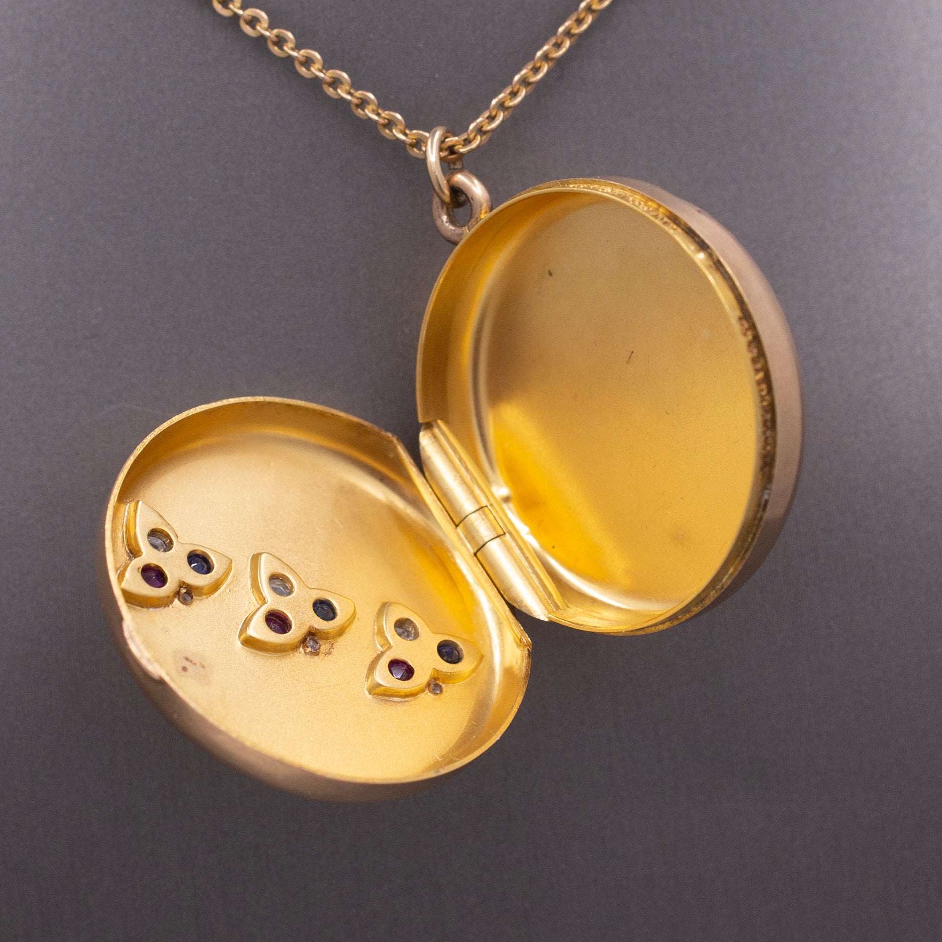 Antique Sapphire Ruby and Diamond Locket Necklace by Shreve & Co. in 14k Rosy Gold