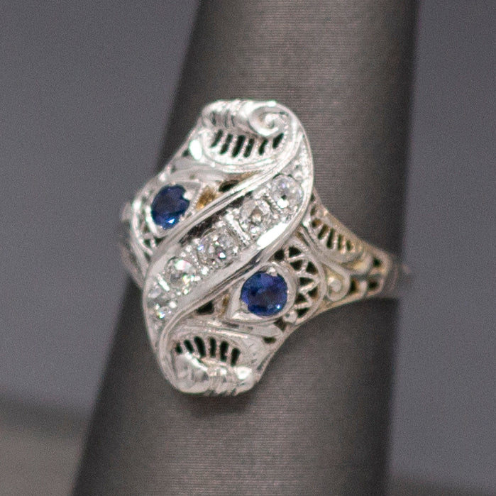 Incredible Art Deco Shield Ring with Old European Cut Diamonds and Sapphires in 18k White Gold