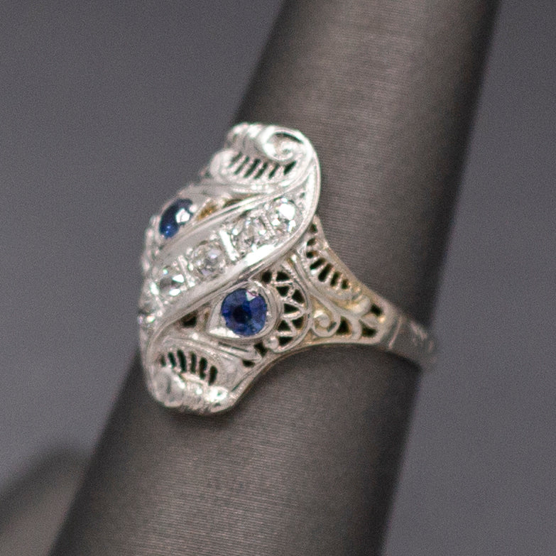 Incredible Art Deco Shield Ring with Old European Cut Diamonds and Sapphires in 18k White Gold