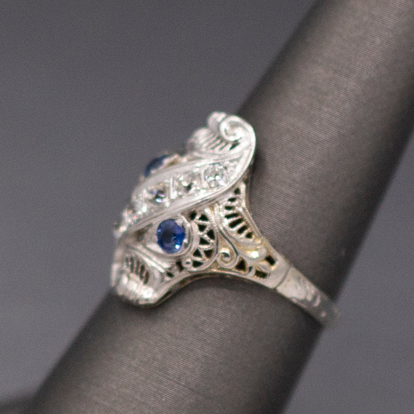 Incredible Art Deco Shield Ring with Old European Cut Diamonds and Sapphires in 18k White Gold