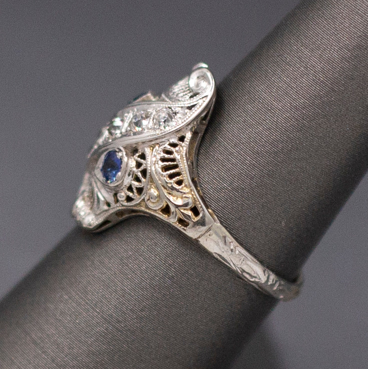 Incredible Art Deco Shield Ring with Old European Cut Diamonds and Sapphires in 18k White Gold