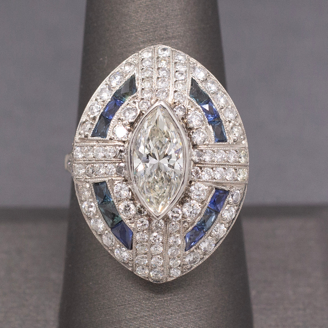 Incredible Art Deco Style Natural Marquise Diamond and Sapphire Ring in Platinum