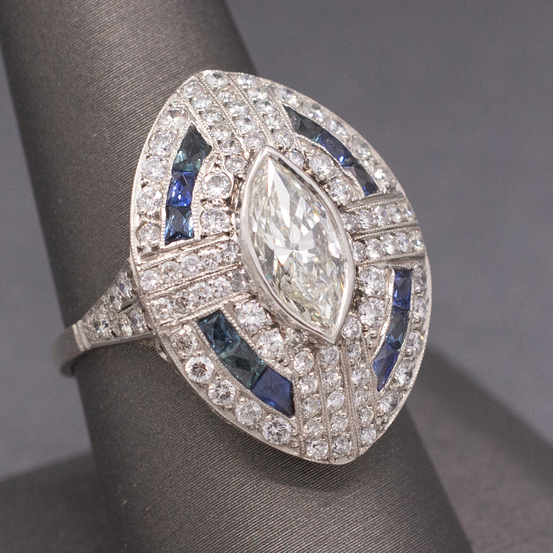 Incredible Art Deco Style Natural Marquise Diamond and Sapphire Ring in Platinum