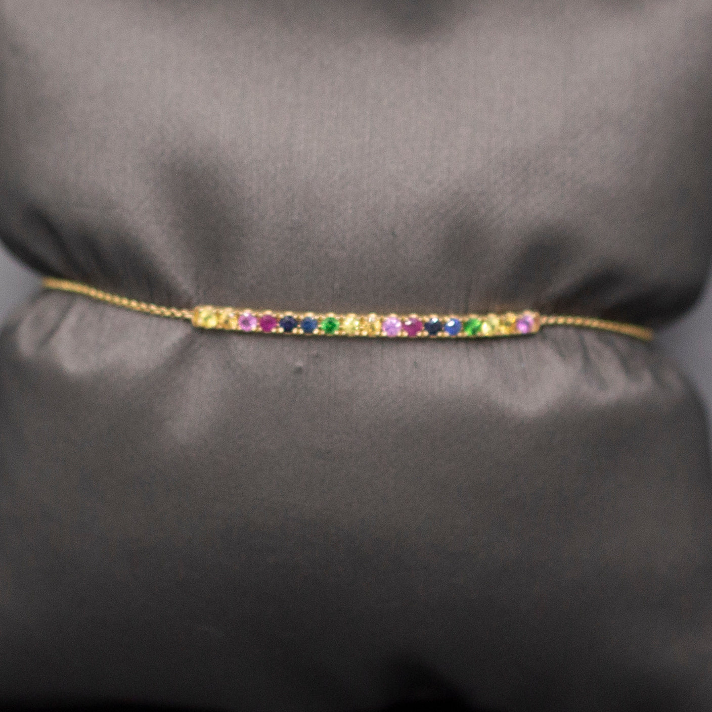 Petite Rainbow Multi-Color Sapphire Curved Line Bracelet in 14k Yellow Gold