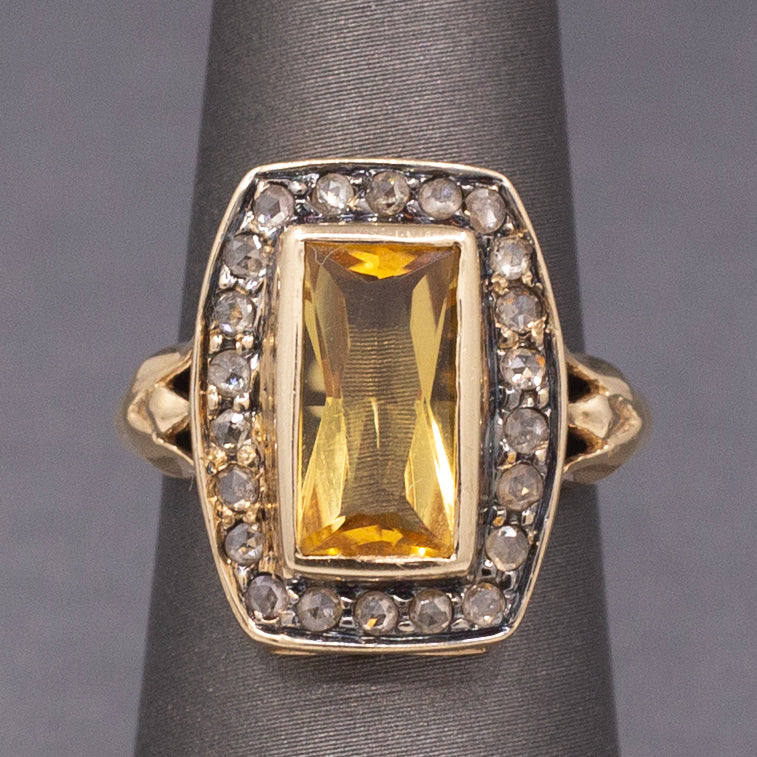 Vintage Elongated Cushion Shaped Ring with Citrine and Rose Cut Diamonds in 14k Yellow Gold