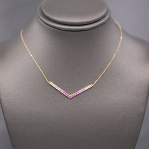 Ombre Pink Sapphire V Station Necklace in 14k Yellow Gold