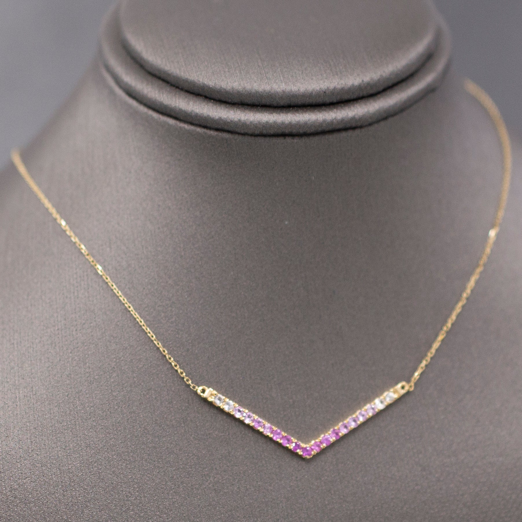Ombre Pink Sapphire V Station Necklace in 14k Yellow Gold