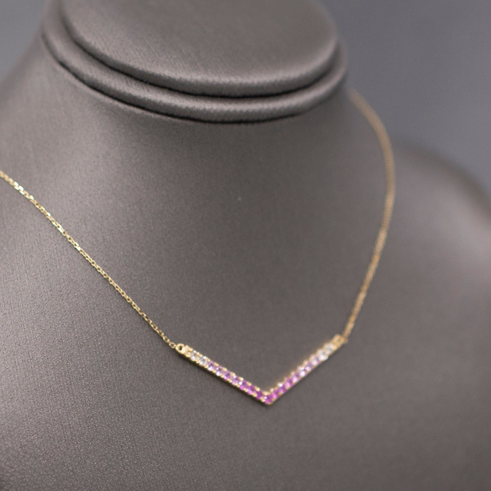 Ombre Pink Sapphire V Station Necklace in 14k Yellow Gold