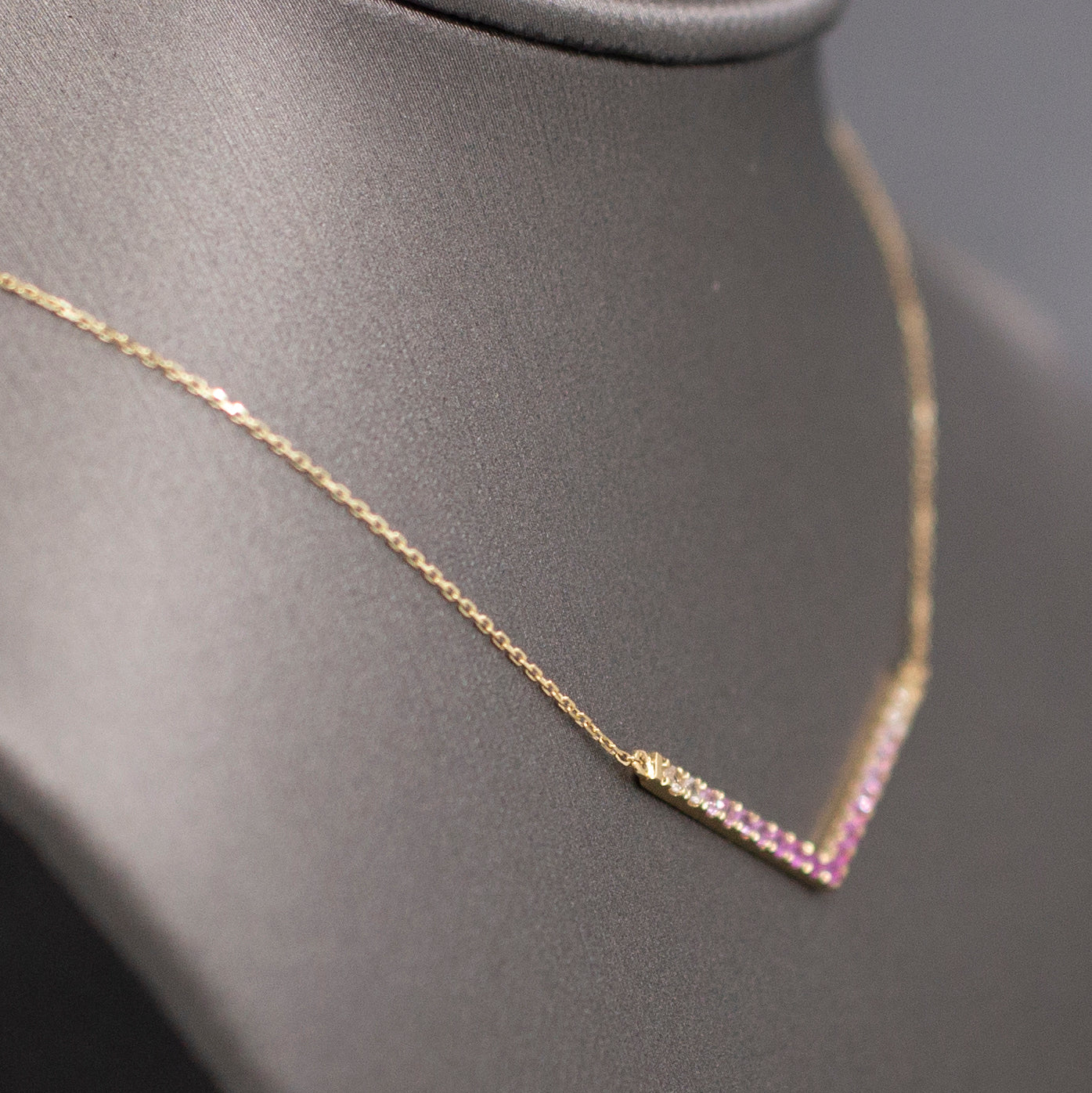 Ombre Pink Sapphire V Station Necklace in 14k Yellow Gold