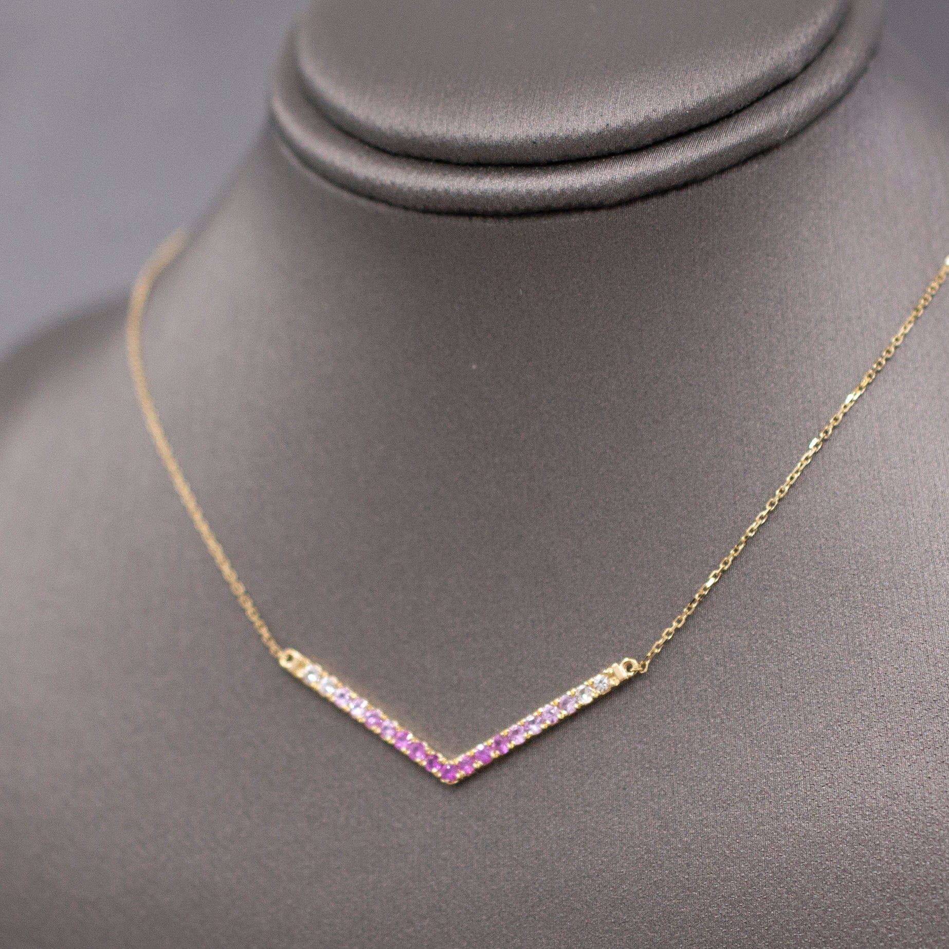 Ombre Pink Sapphire V Station Necklace in 14k Yellow Gold