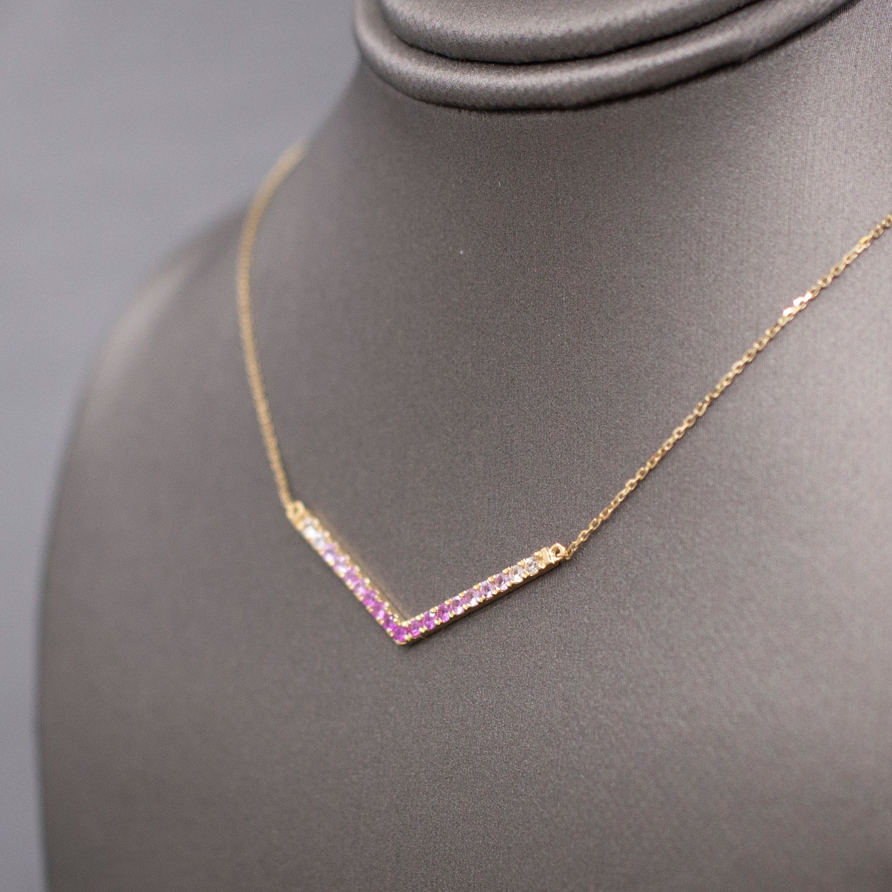 Ombre Pink Sapphire V Station Necklace in 14k Yellow Gold