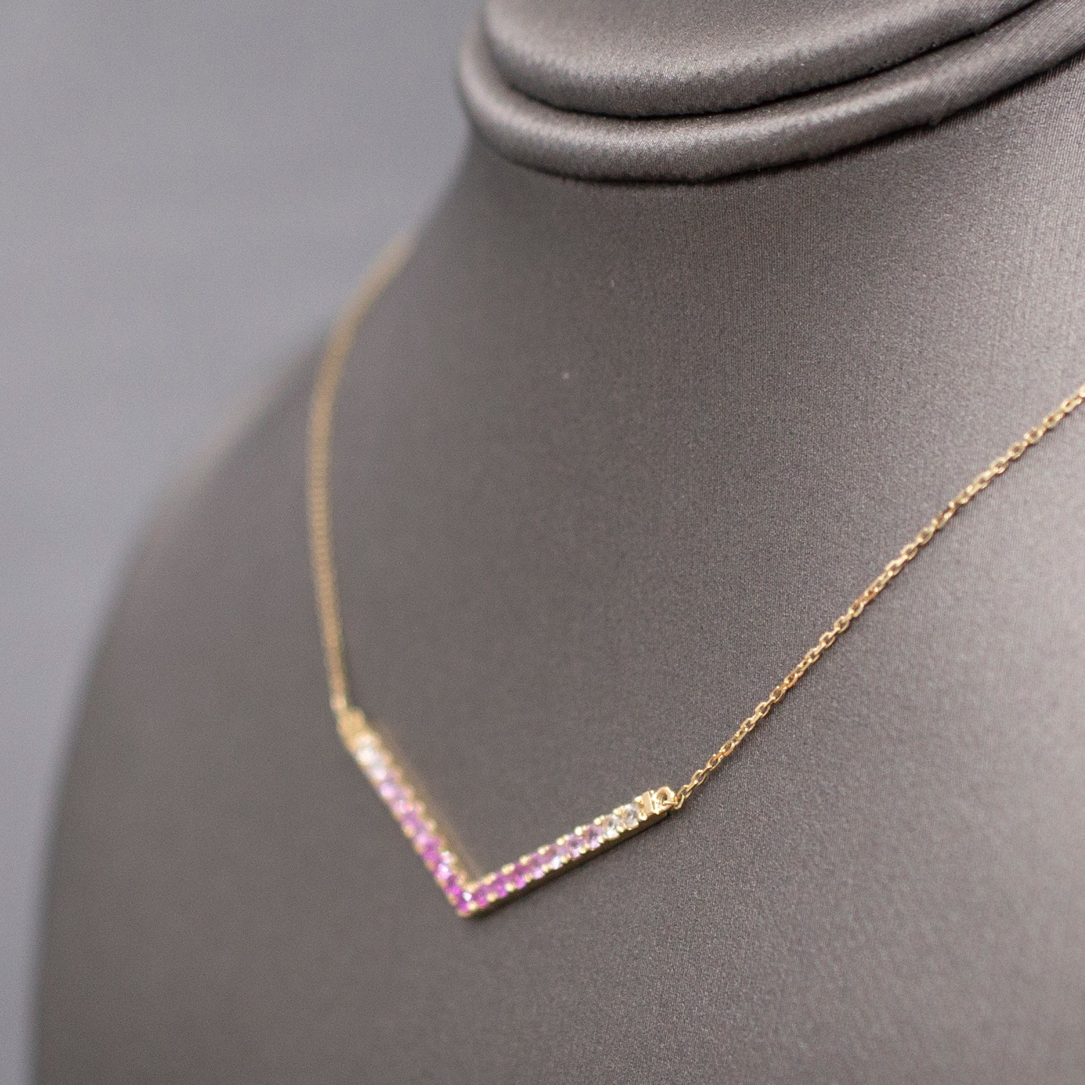 Ombre Pink Sapphire V Station Necklace in 14k Yellow Gold