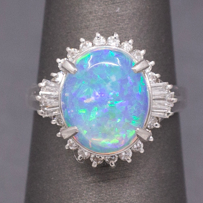 Stunning Australian Opal and Diamond Halo Ring in Platinum