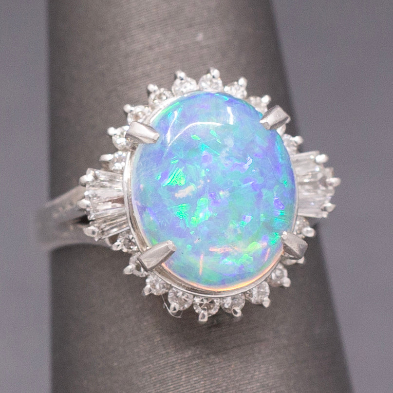 Stunning Australian Opal and Diamond Halo Ring in Platinum