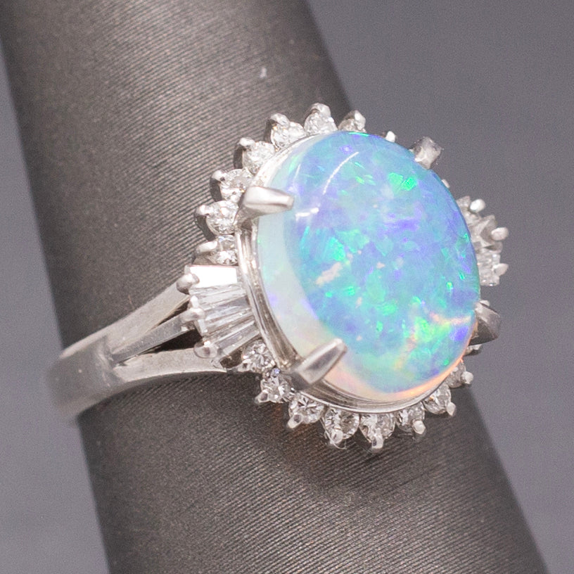 Stunning Australian Opal and Diamond Halo Ring in Platinum