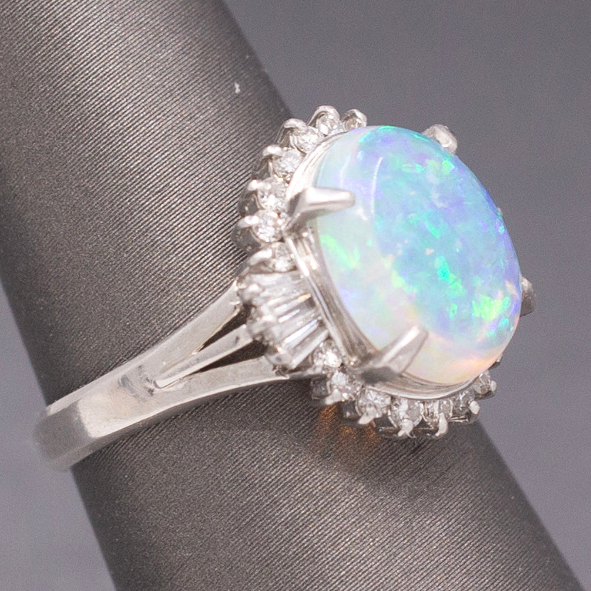 Stunning Australian Opal and Diamond Halo Ring in Platinum