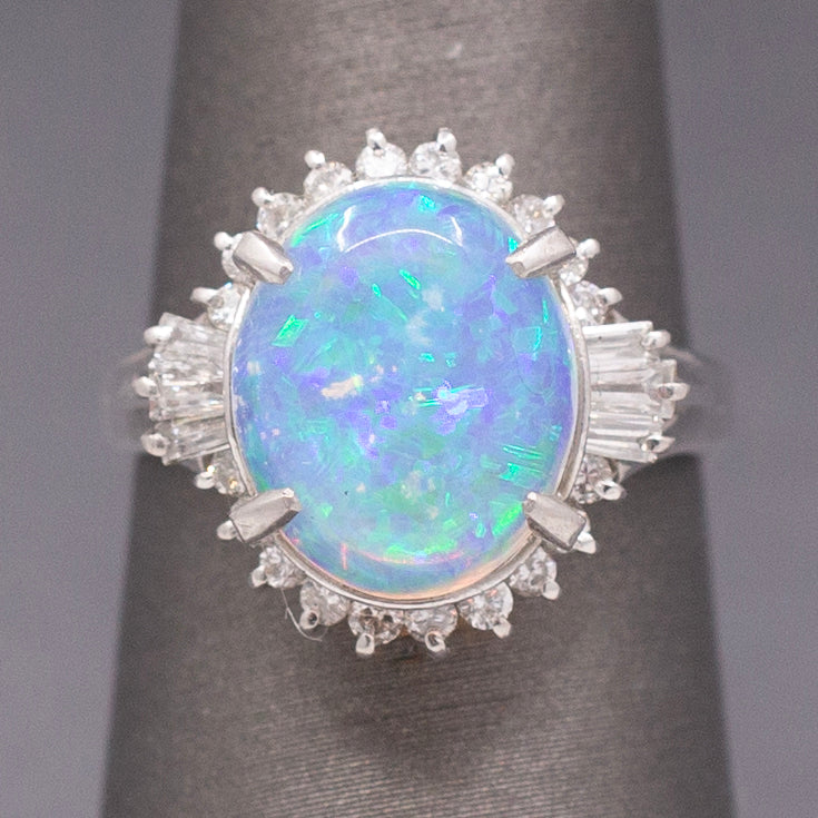 Stunning Australian Opal and Diamond Halo Ring in Platinum