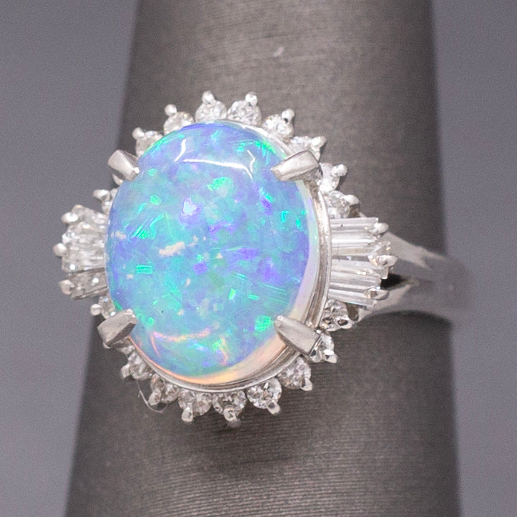 Stunning Australian Opal and Diamond Halo Ring in Platinum