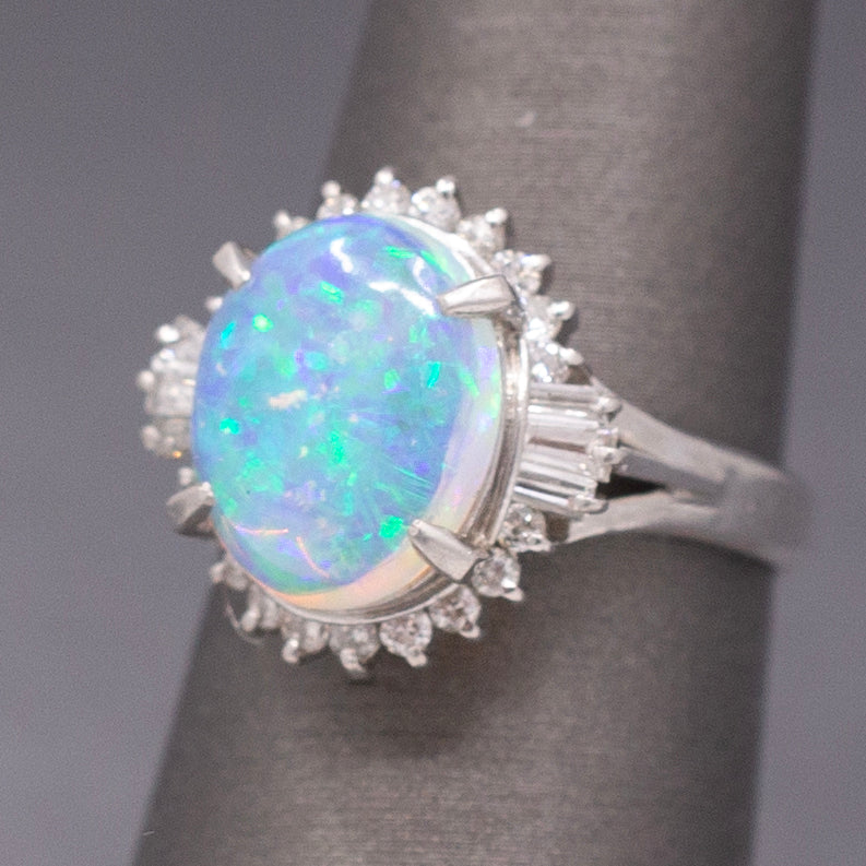 Stunning Australian Opal and Diamond Halo Ring in Platinum