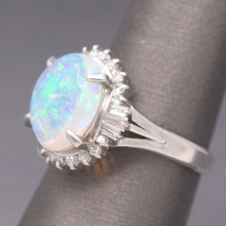 Stunning Australian Opal and Diamond Halo Ring in Platinum