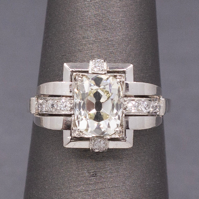 Art Deco Natural Elongated Cushion Old Mine Cut Diamond Ring in Platinum