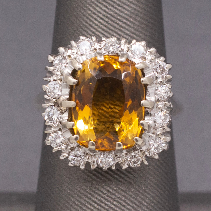 Vintage Cushion Cut Citrine and Diamond Halo Statement Ring in 14k White Gold