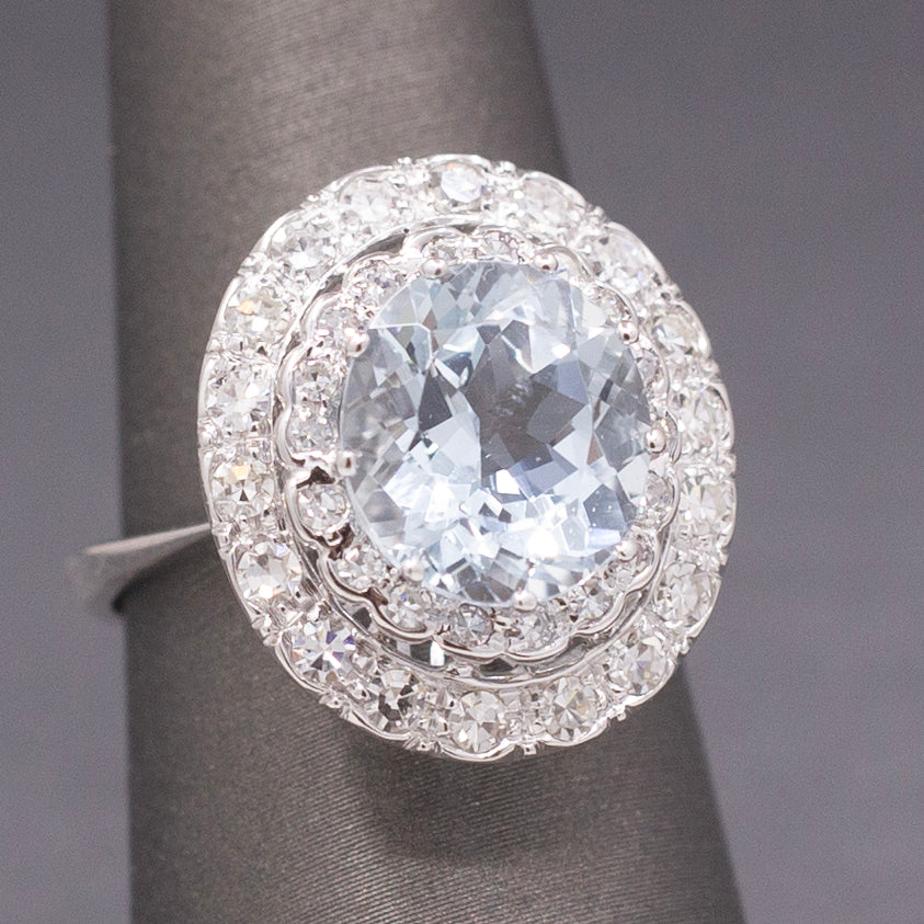 Vintage Sparkling Aquamarine and Double Diamond Halo Cocktail Ring in 18k White Gold
