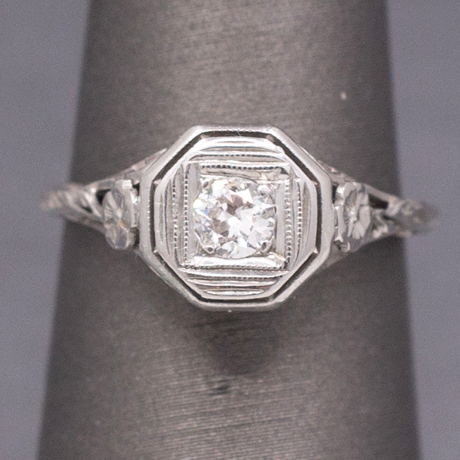 Classic Art Deco Diamond Solitaire Ring with Floral Engraving in 18k White Gold