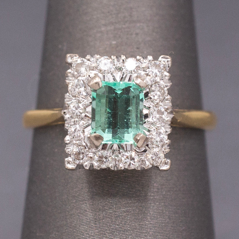 Vintage Emerald Cut Emerald and Diamond Halo Engagement Ring in 18k Yellow Gold