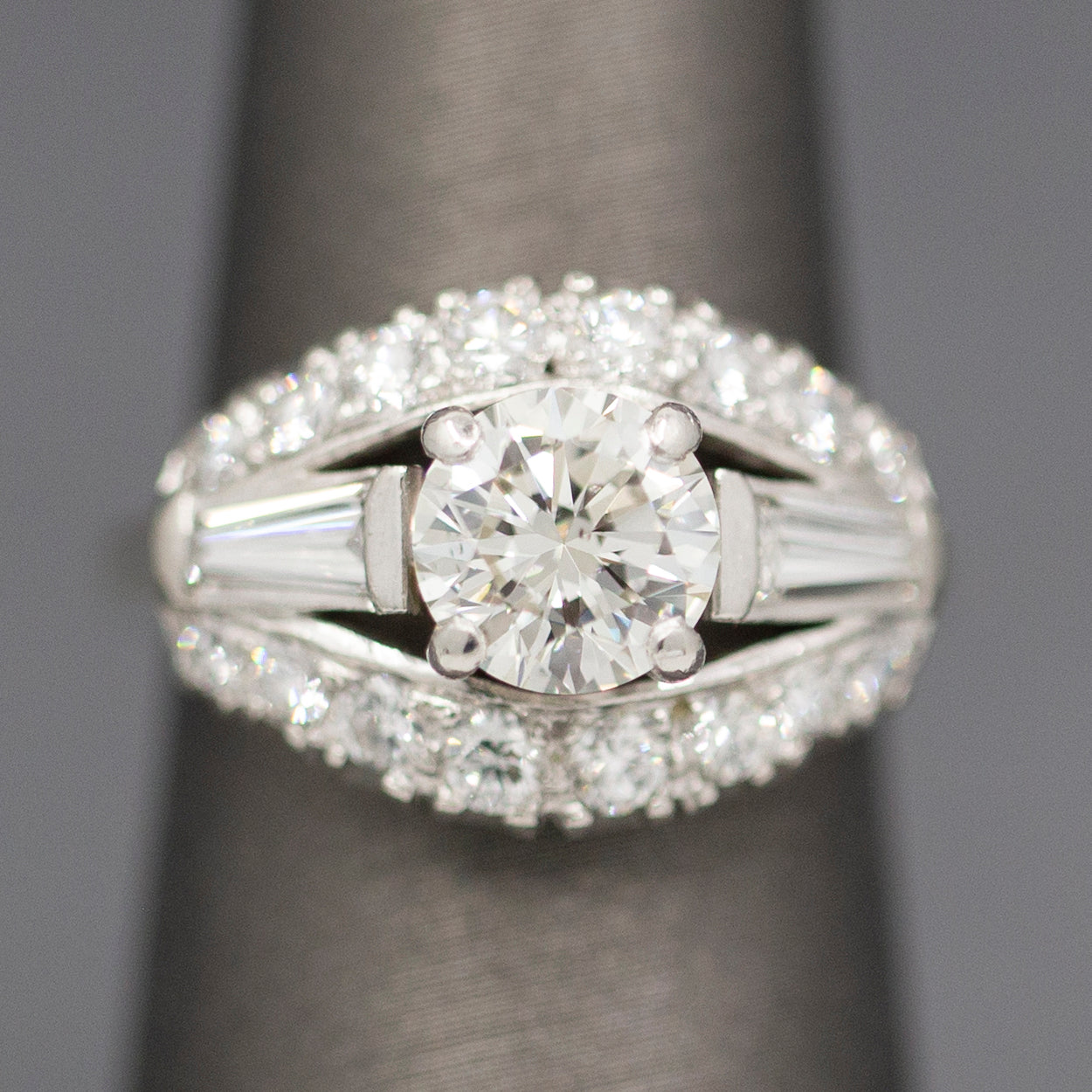 Vintage Mid-Century Round Brilliant Cut and Baguette Diamond Engagement Ring in Platinum