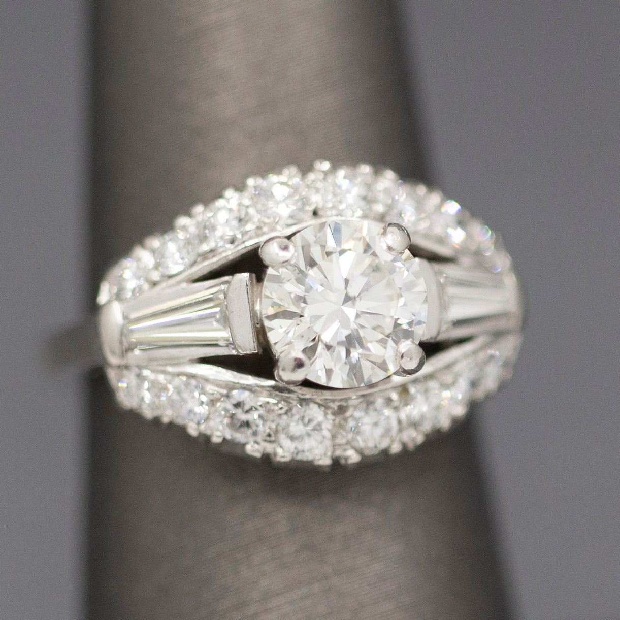 Vintage Mid-Century Round Brilliant Cut and Baguette Diamond Engagement Ring in Platinum