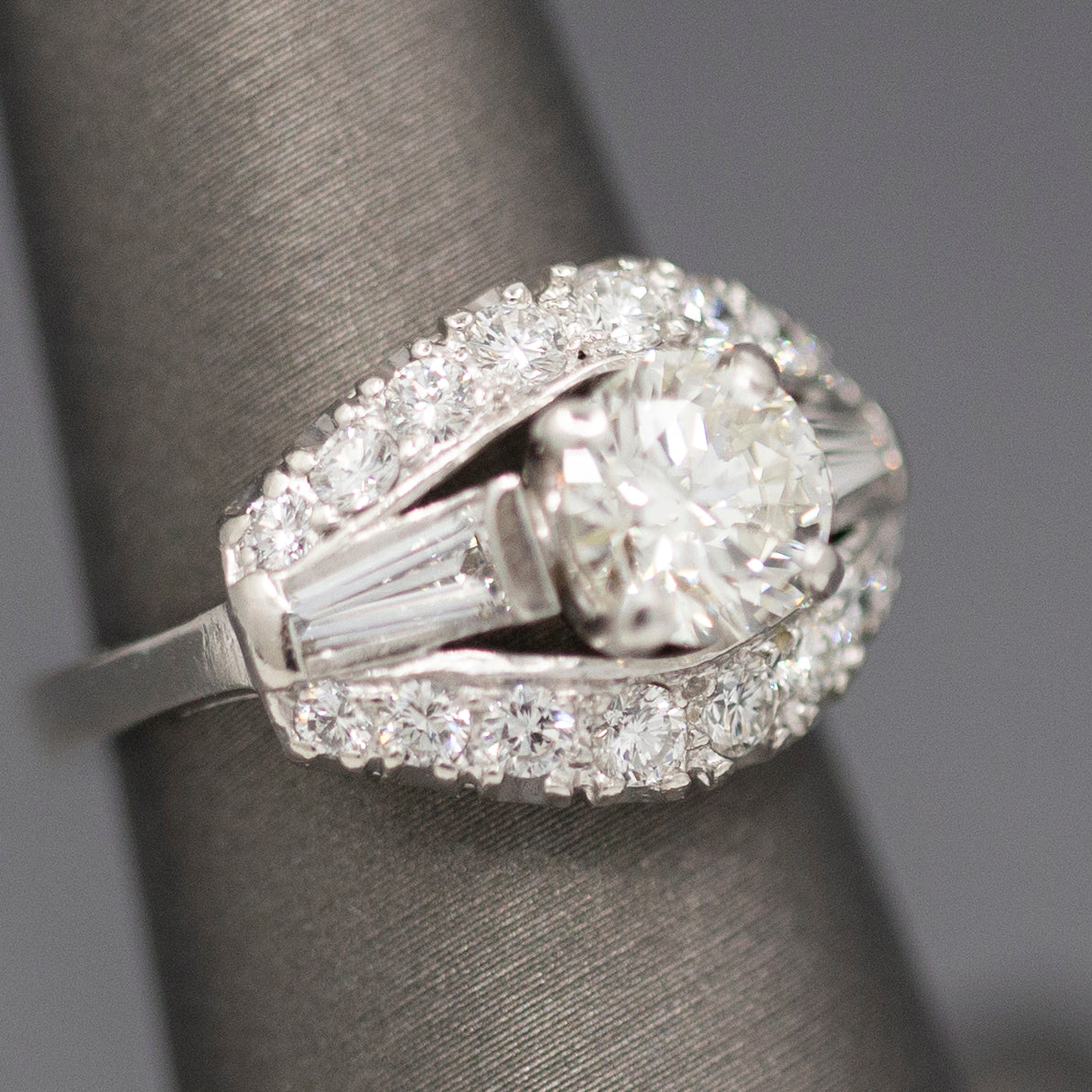 Vintage Mid-Century Round Brilliant Cut and Baguette Diamond Engagement Ring in Platinum