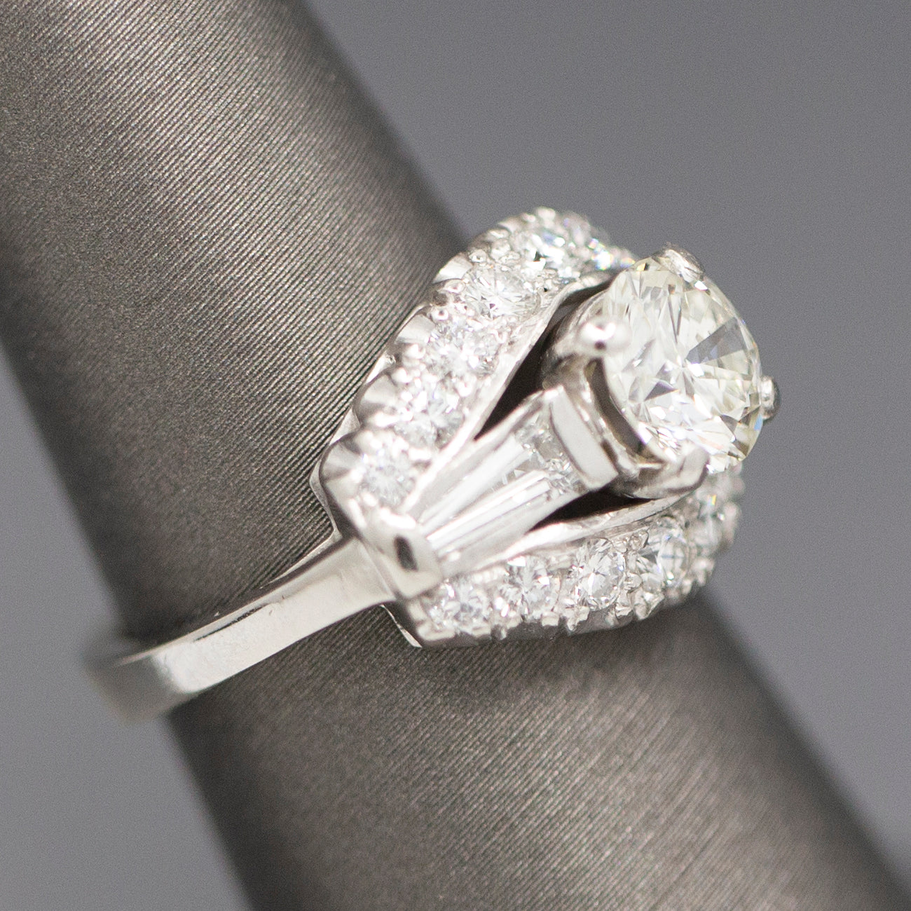 Vintage Mid-Century Round Brilliant Cut and Baguette Diamond Engagement Ring in Platinum
