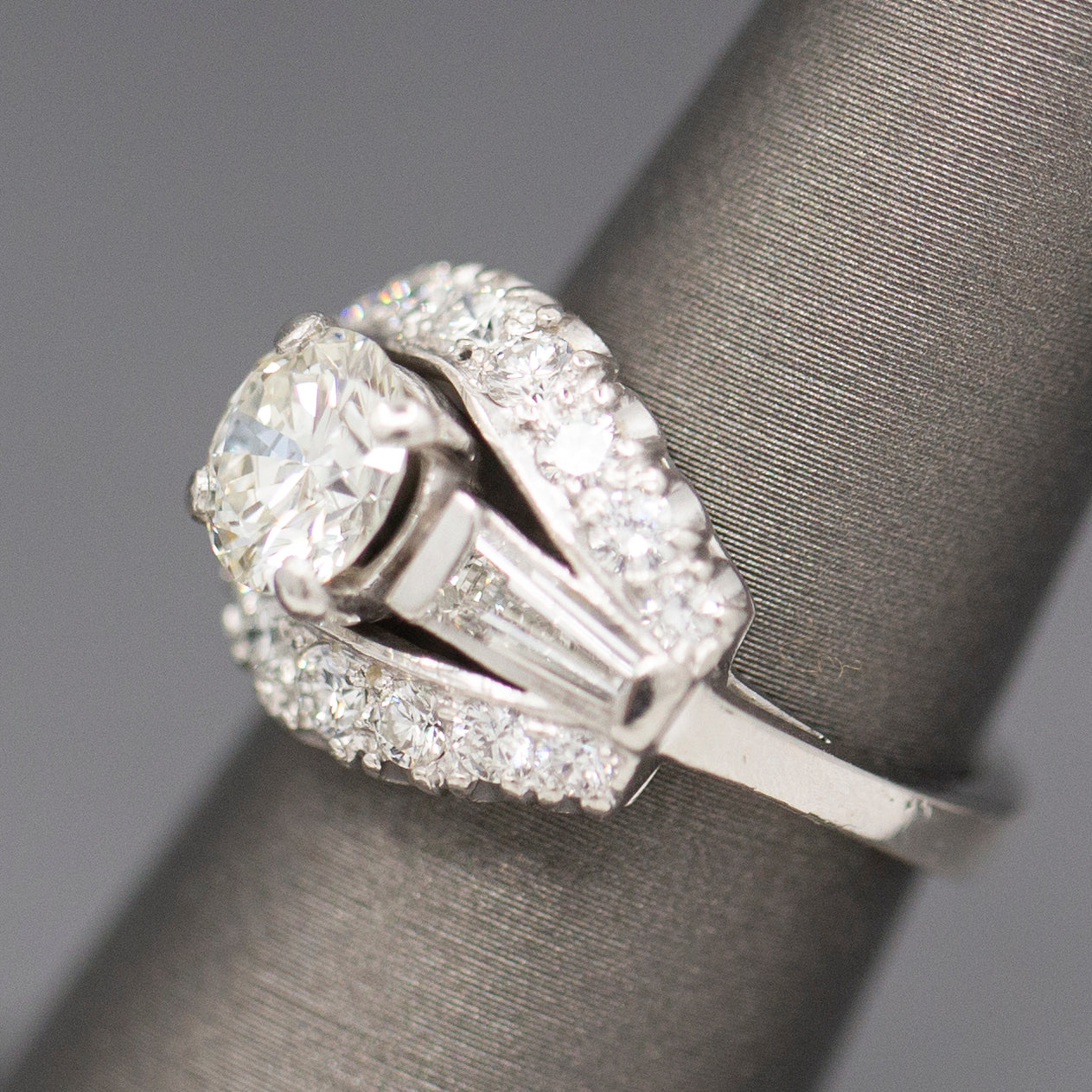 Vintage Mid-Century Round Brilliant Cut and Baguette Diamond Engagement Ring in Platinum