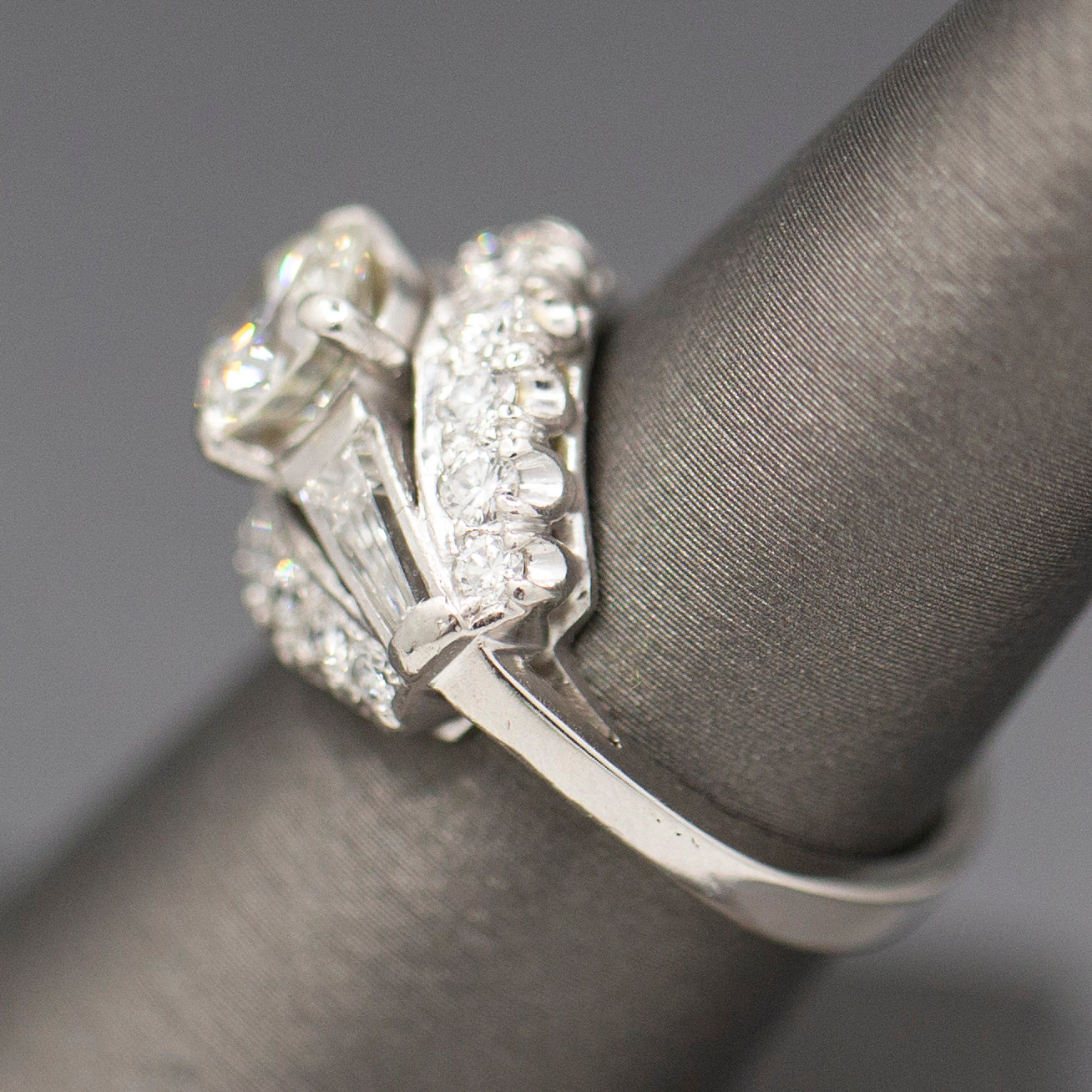 Vintage Mid-Century Round Brilliant Cut and Baguette Diamond Engagement Ring in Platinum