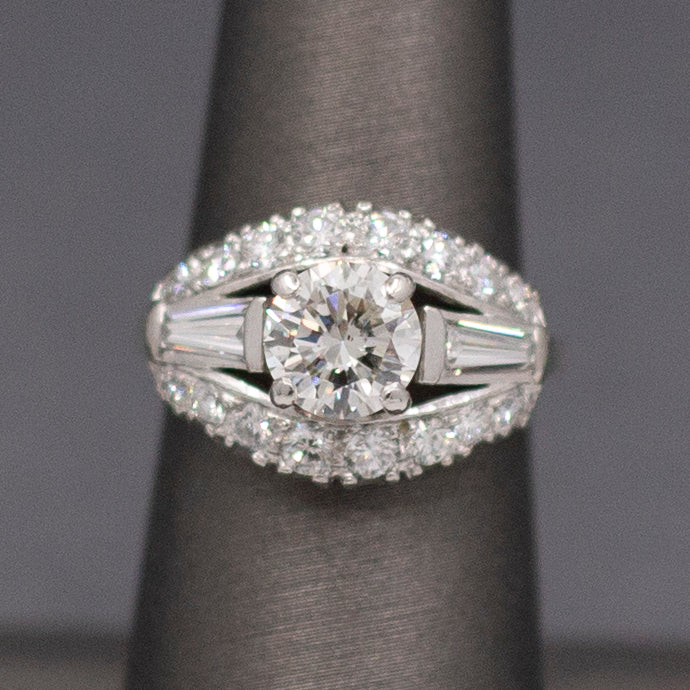 Vintage Mid-Century Round Brilliant Cut and Baguette Diamond Engagement Ring in Platinum