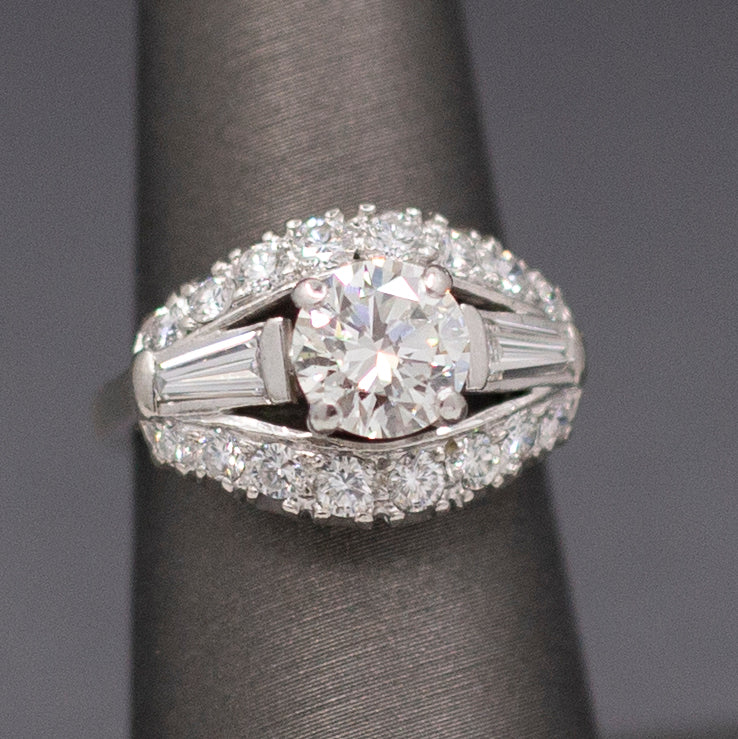 Vintage Mid-Century Round Brilliant Cut and Baguette Diamond Engagement Ring in Platinum