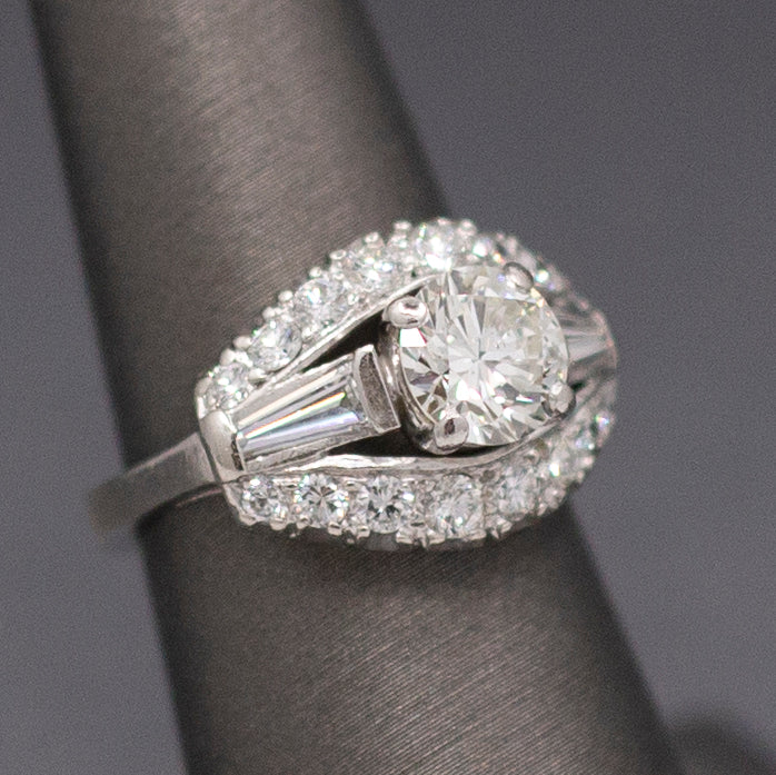 Vintage Mid-Century Round Brilliant Cut and Baguette Diamond Engagement Ring in Platinum